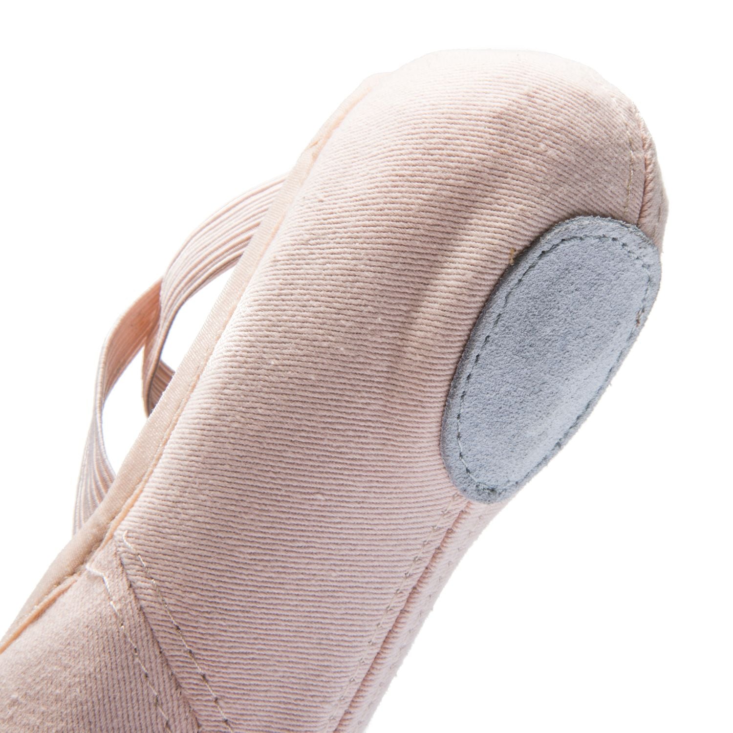 Nahaufnahme des Rumpf 1006 Elastico Ballettschläppchen in Hellrosa mit elastischem Riemen und grauem Chromledersohle-Patch.